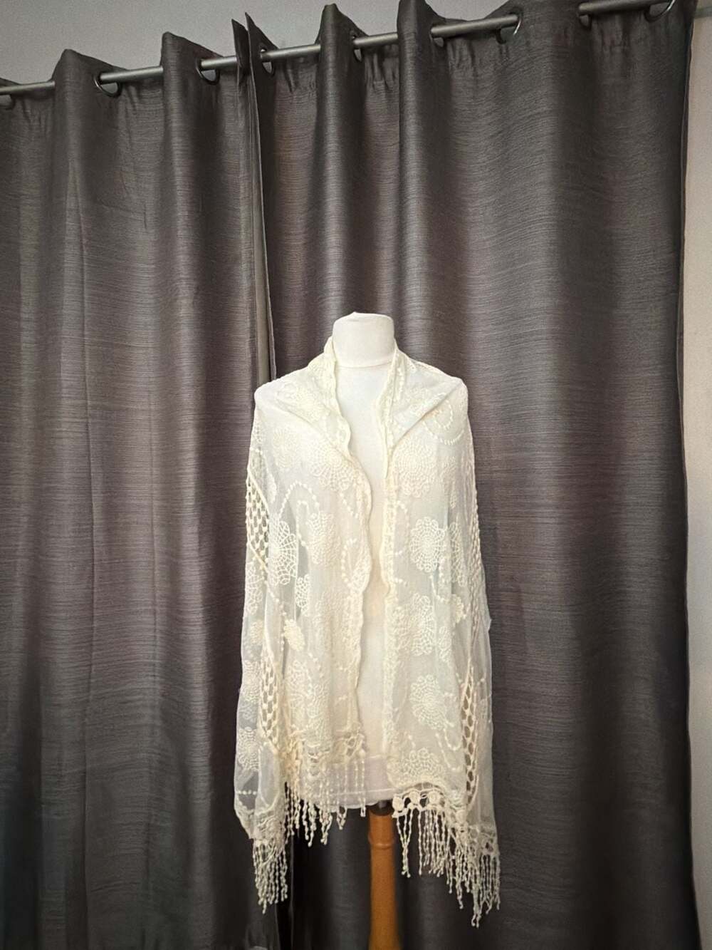 Ivory Floral Crochet Lace Shawl Scarf with Fringe